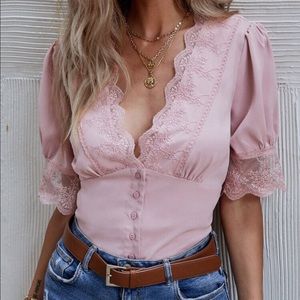 Lace Panel Plunging Neck Blouse